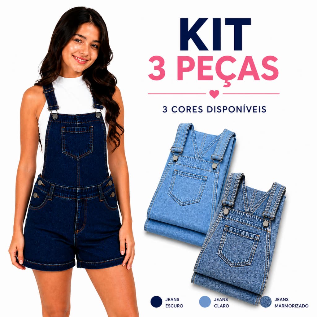 Kit com 3 Jardineiras Jeans Feminina Juvenil Premium Short Macaquinho Tam 10 ao 16