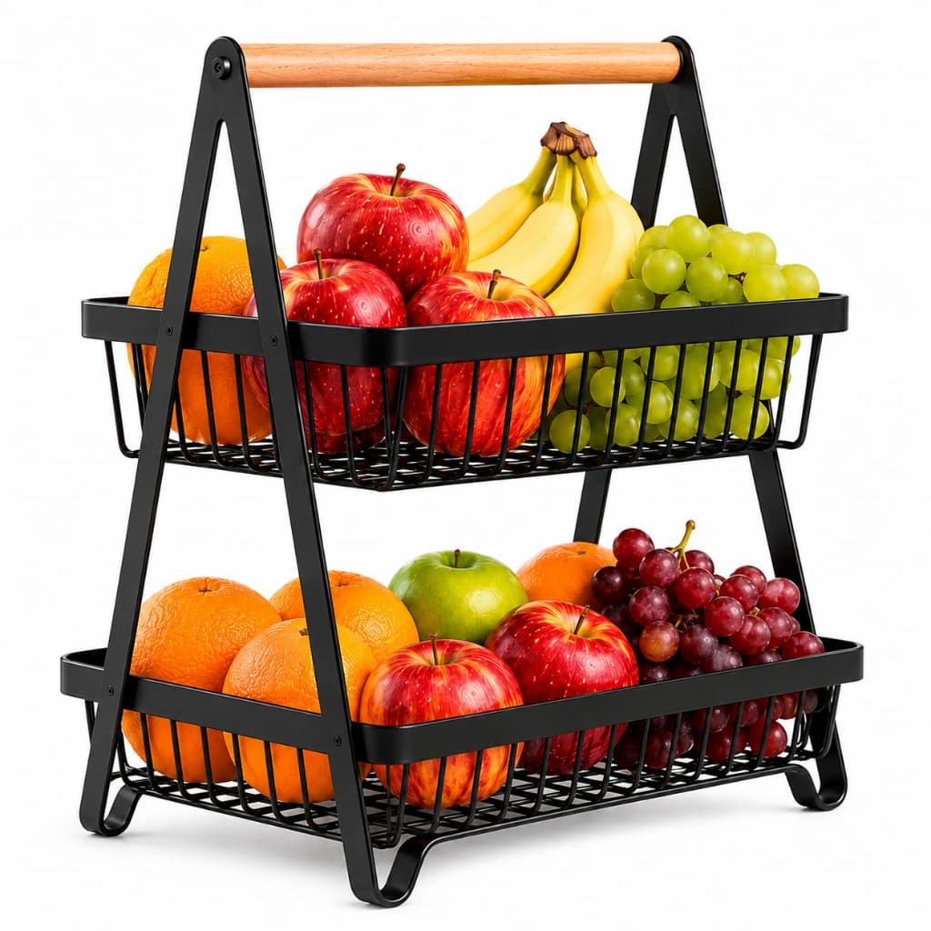 Fruteira Mesa 2 Andares Organizador Bancada Cozinha Metal Preto com Alça de Madeira Multiuso Premium