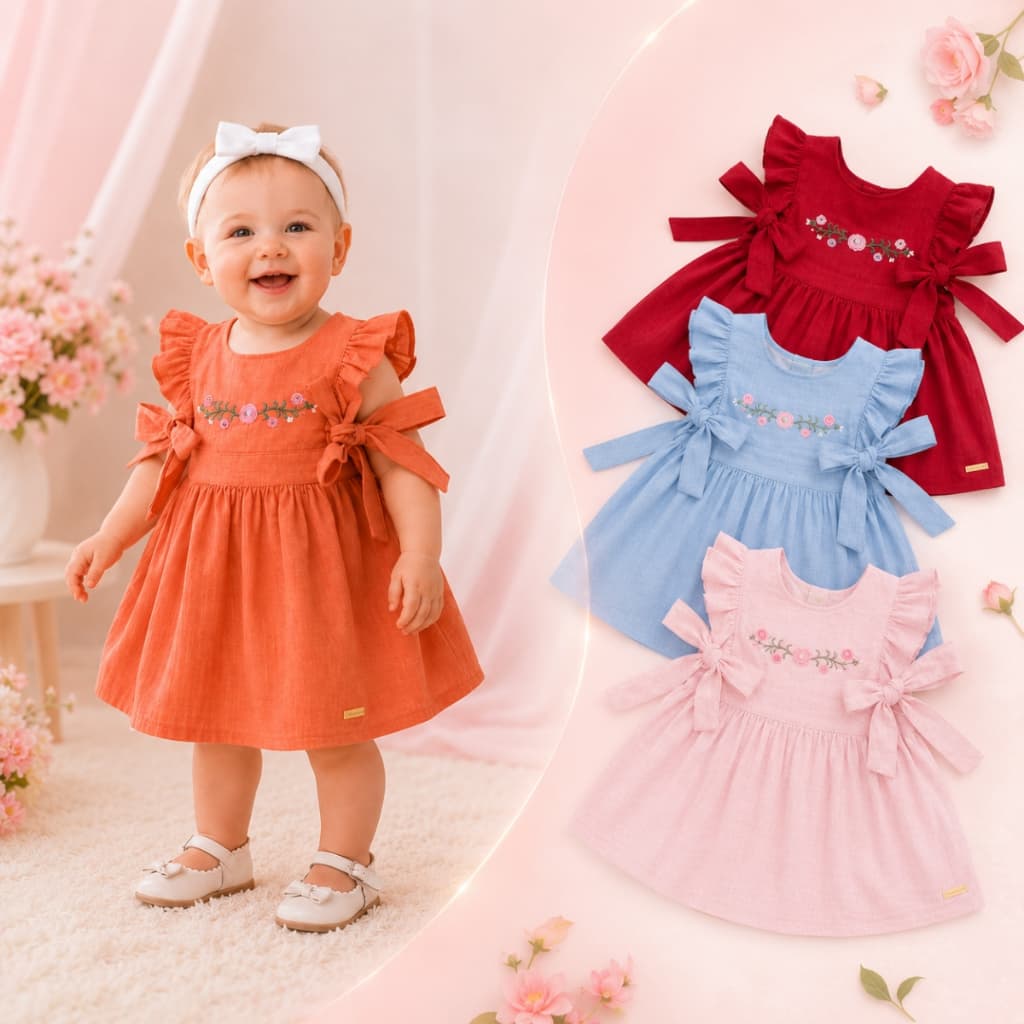 Vestido Baby Tricoline 100% Algodão com Bordado Floral e Manga Curta Vestido Bebê Menina com Laços Laterais