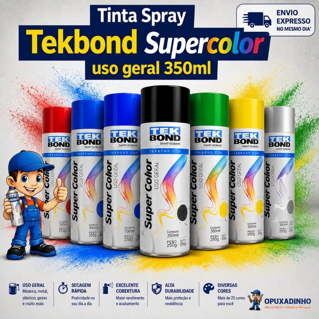 Tinta Spray Tekbond Super Color 350ml Alta Cobertura Secagem Rápida Uso Geral Madeira Metal Plástico