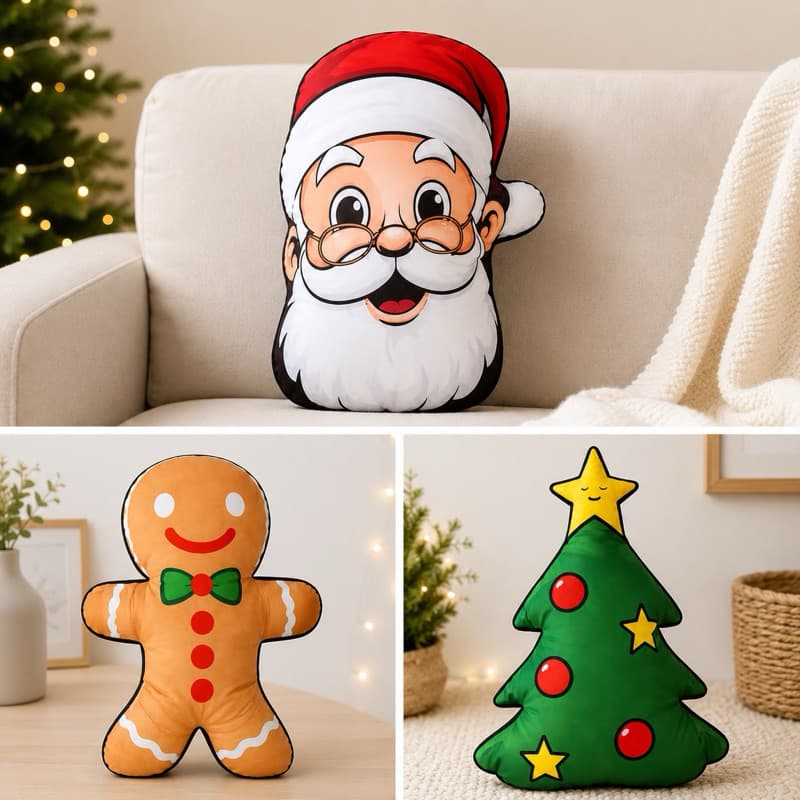 Almofada Natalina Decorativa 40cm –Papai Noel,Árvore de Natal e Boneco de Gengibre,Almofada Temática Fofa para Decoração
