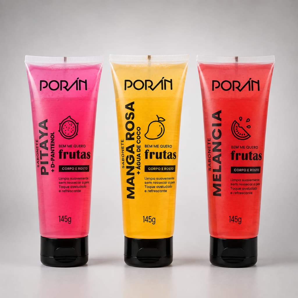 🧴 Sabonete Gel Corporal Porán Frutas – Corpo e Rosto 145g | Pitaya, Melancia ou Manga Rosa