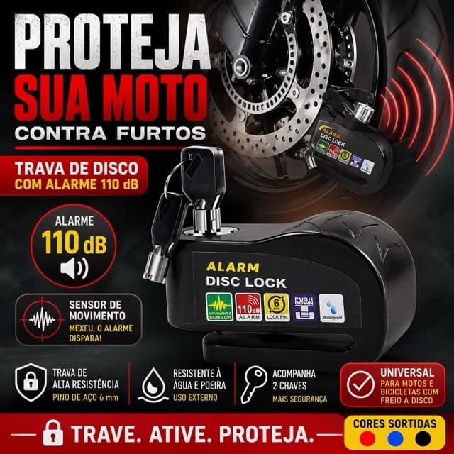 Trava Disco de Freio Moto com Alarme 110dB Antifurto Cadeado Universal 6mm XLS