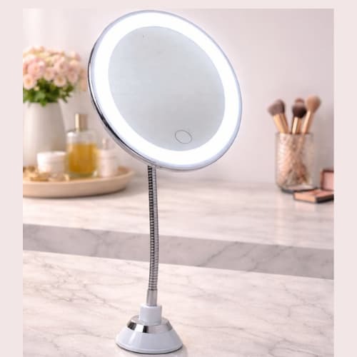 Espelho de Mesa Redondo Maquiagem LED USB Branco Camarim Portátil Articulado Luz Toque Penteadeira Iluminado Recarregáve