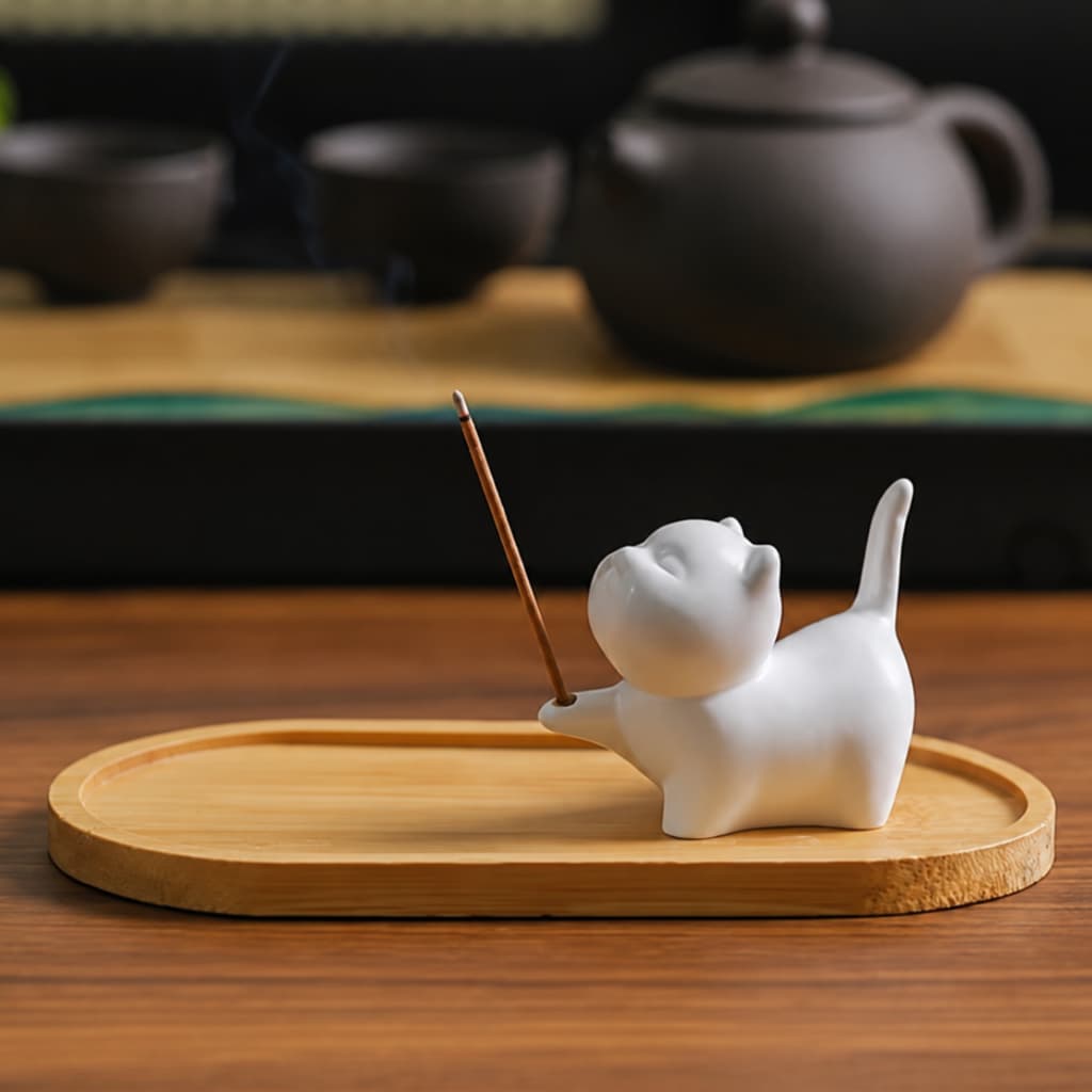 Incensário Porta Incenso Gatinho Base de Bambu Natural