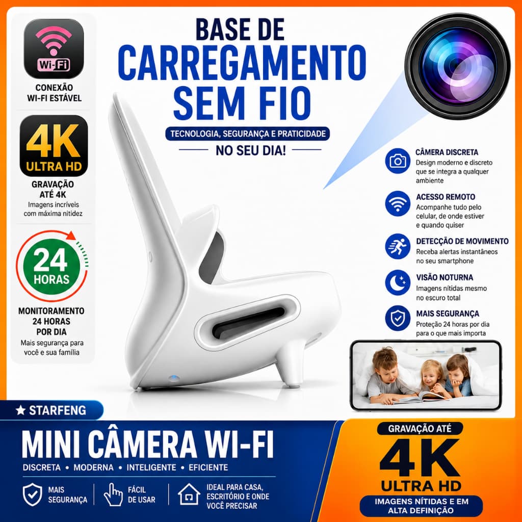 Câmera Mini 4k Wifi Com Carregador Sem Fio 24 Horas