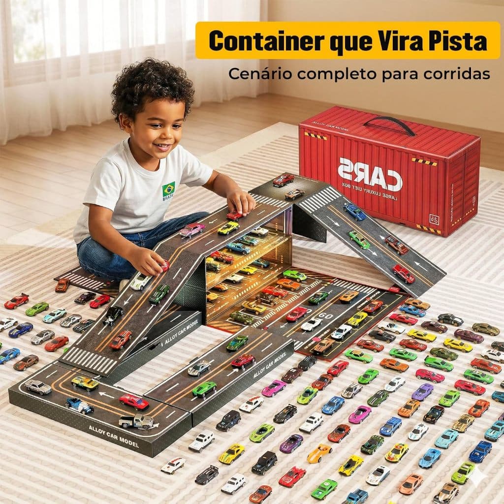 Kit 48 Carrinhos de Fricção Coloridos com Maleta Container que Vira 2 Pistas Garagem Infantil