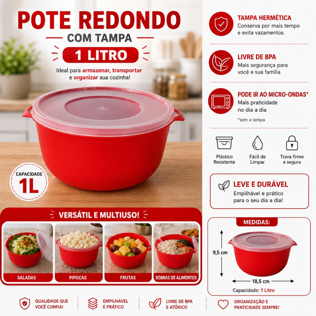 Pote Redondo com Tampa 1 Litro para Alimentos – Vasilha Plástica com Tampa