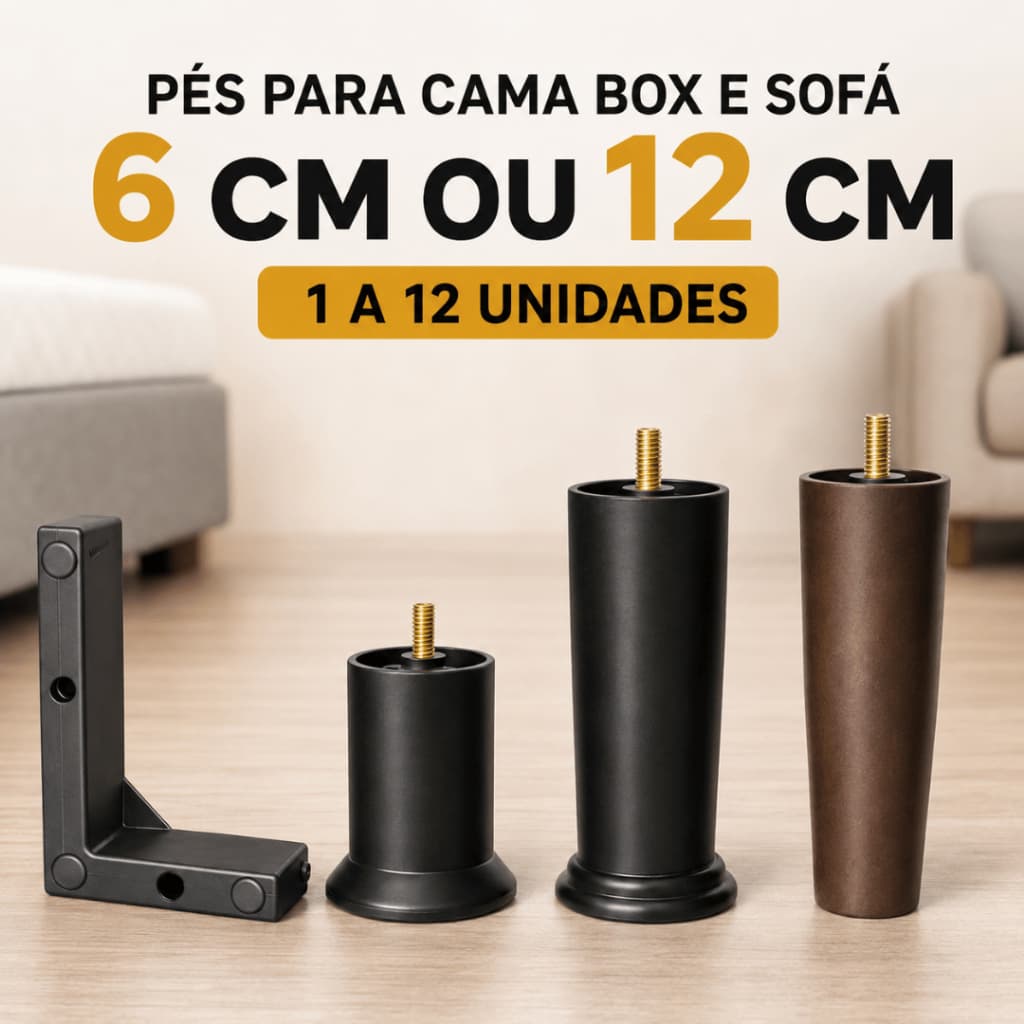 Pés Cama Box Sofá Puff Plastico PU Reforçado TIPO L | 6cm ou 12cm | Kit 1 a 12 Peças | Preto/Marrom