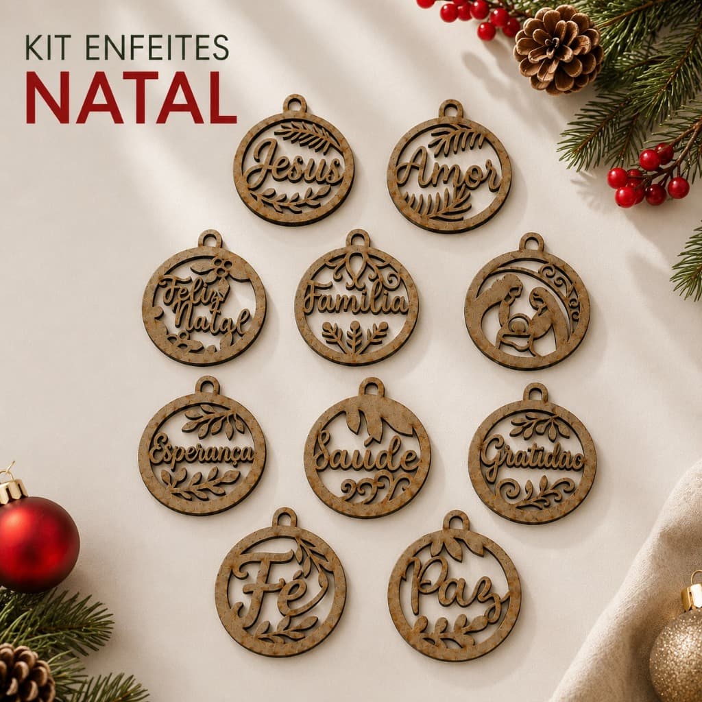 Kit Enfeite de Natal em MDF Cru 10 Peças Enfeites para Árvore de Natal Decoração Natalina Presente