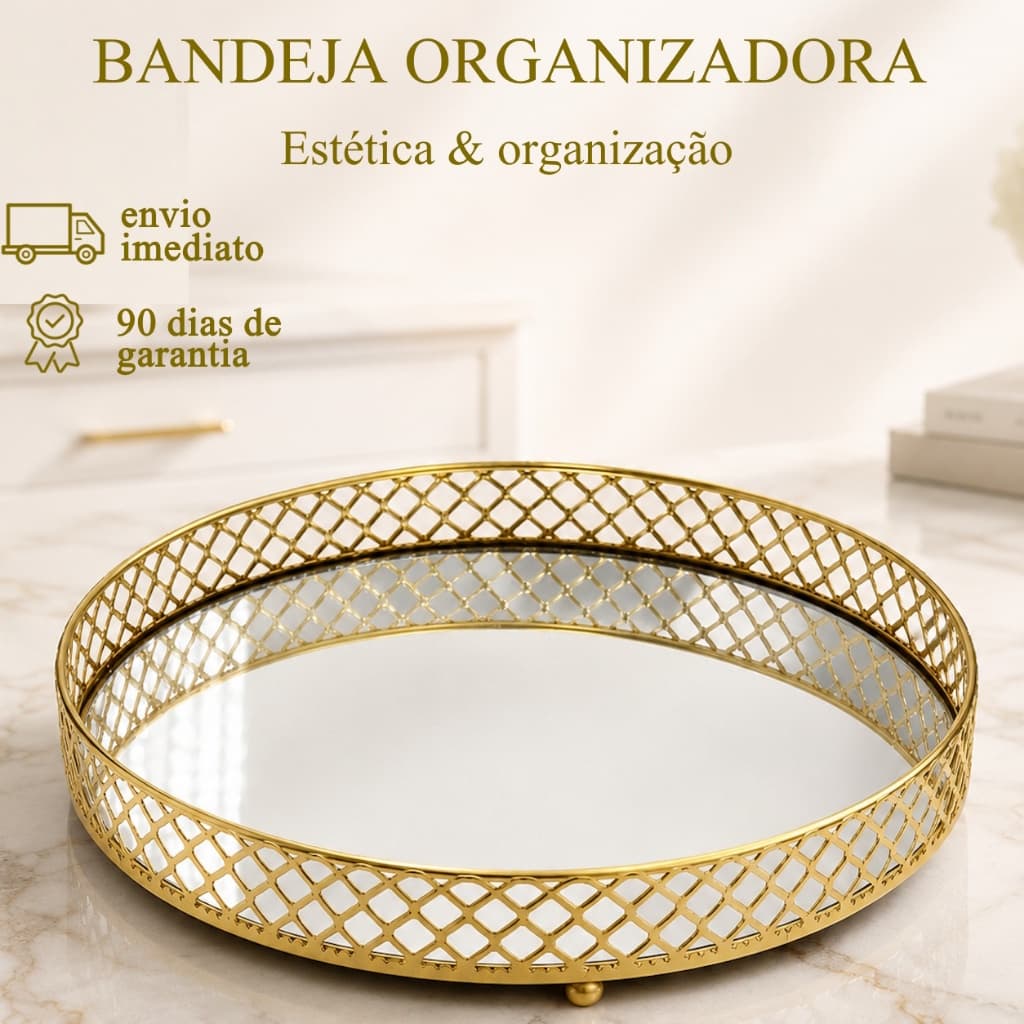 Bandeja Espelhada Metal Dourada Cromada Decorativa Redonda Banheiro Café Bar Perfume Luxo Mesa Posta
