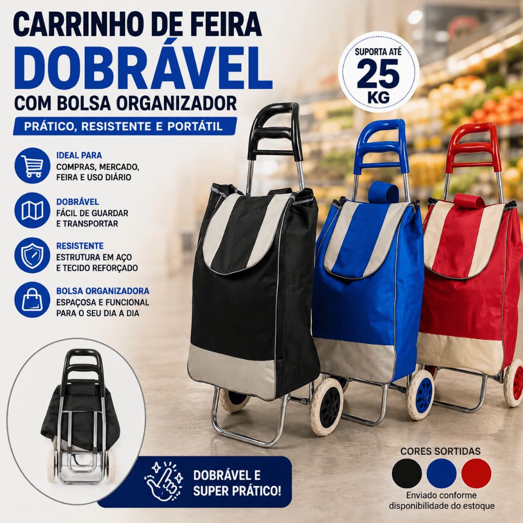 Carrinho de Feira Dobrável com Bolsa Organizador, Portátil Reforçado para Compras, Mercado e Feira