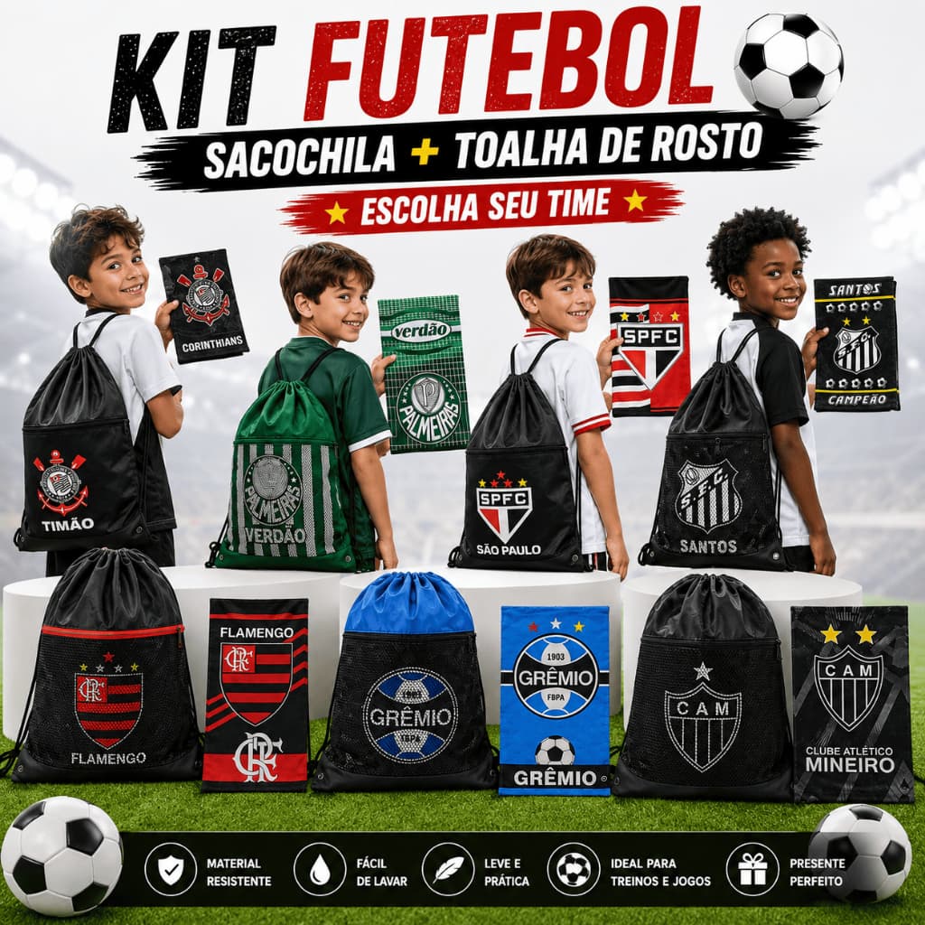 Kit Futebol Menino Mochila Sacola Time + e Toalha de Rosto