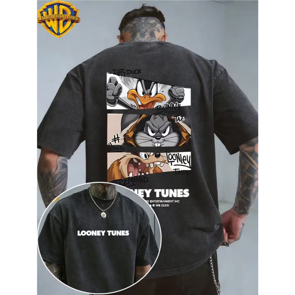 Camiseta masculina Gola Redonda com Estampa de Desenho Animado de Pernalonga e Pato donalds