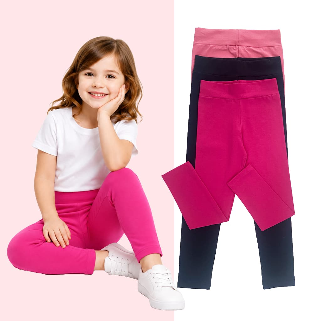 Kit 3 Calças Legging Cotton Infantil Menina 4 a 14 Anos Rosa Pink Preta Básica Lisa Confortável Cintura Elástico