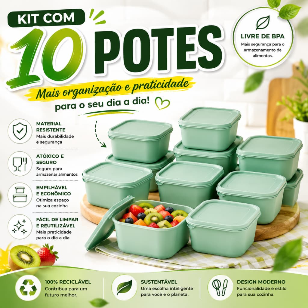 Kit 10 Potes Multiuso 1200ml com Tampa Organizador para Geladeira e Despensa