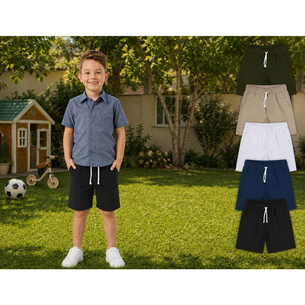 Bermuda Infantil Menino Sarja Preto Basic Casual Elástico