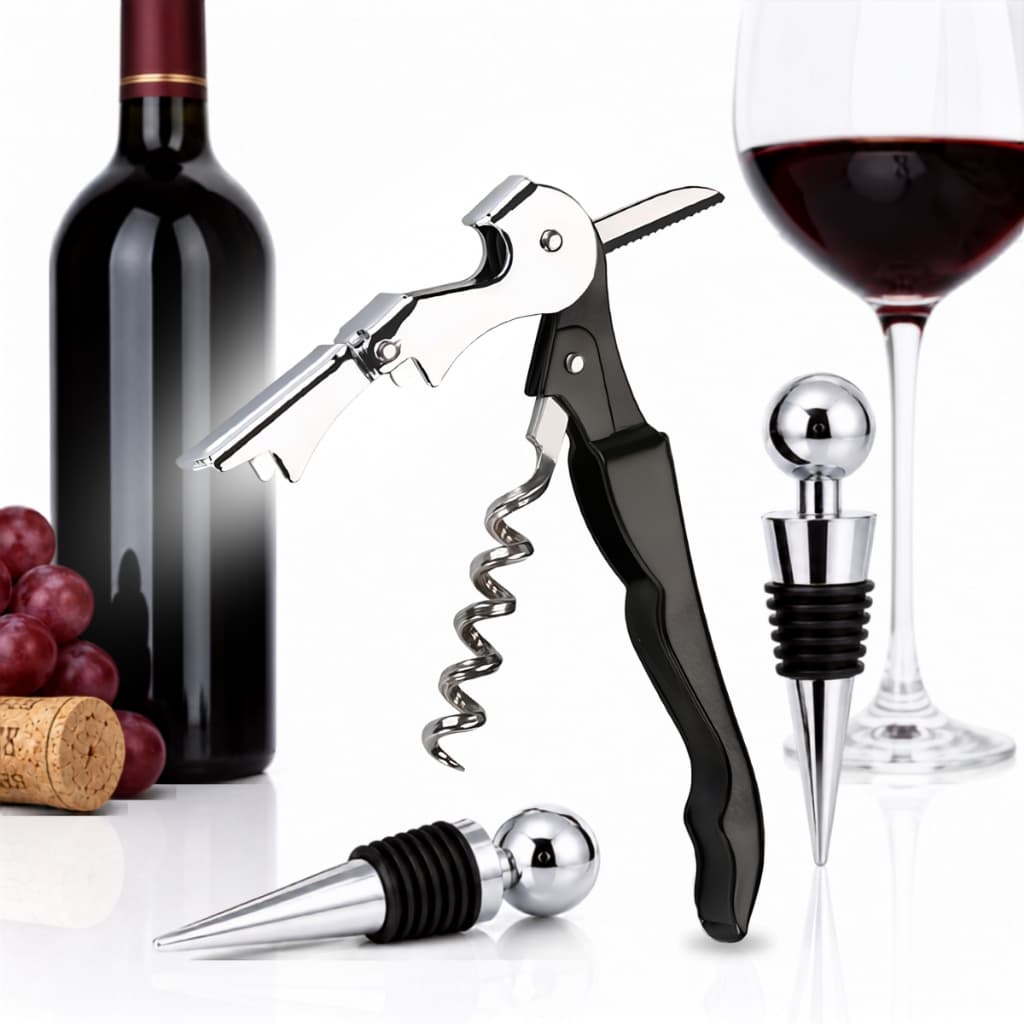 Kit Abridor de Garrafa De Vinho Saca Rolhas + Rolha em Aço Inox Vedação Alta Qualidade