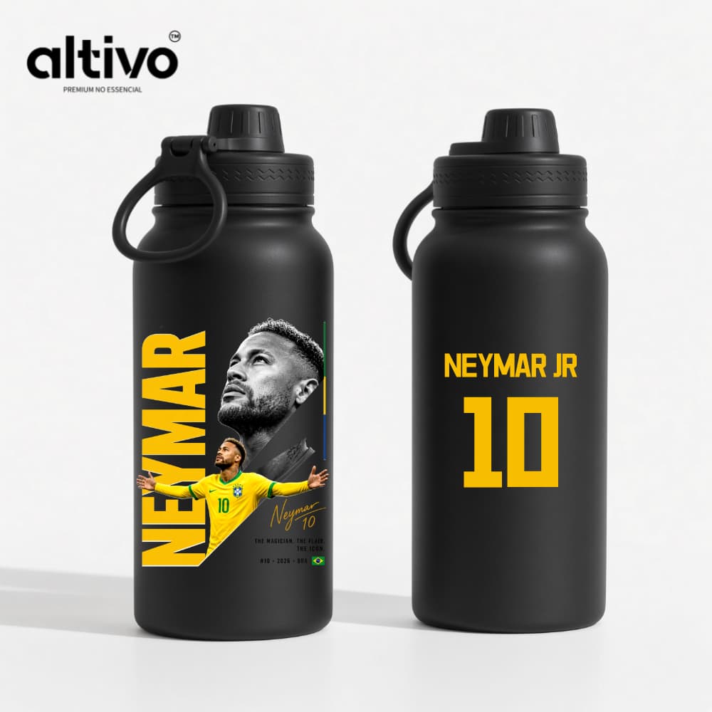 Garrafa Térmica Jogador de Futebol Brasileiro Neymar Jr. Aço Inoxidável Premium com Tampa Rosqueável e Alça 600ML