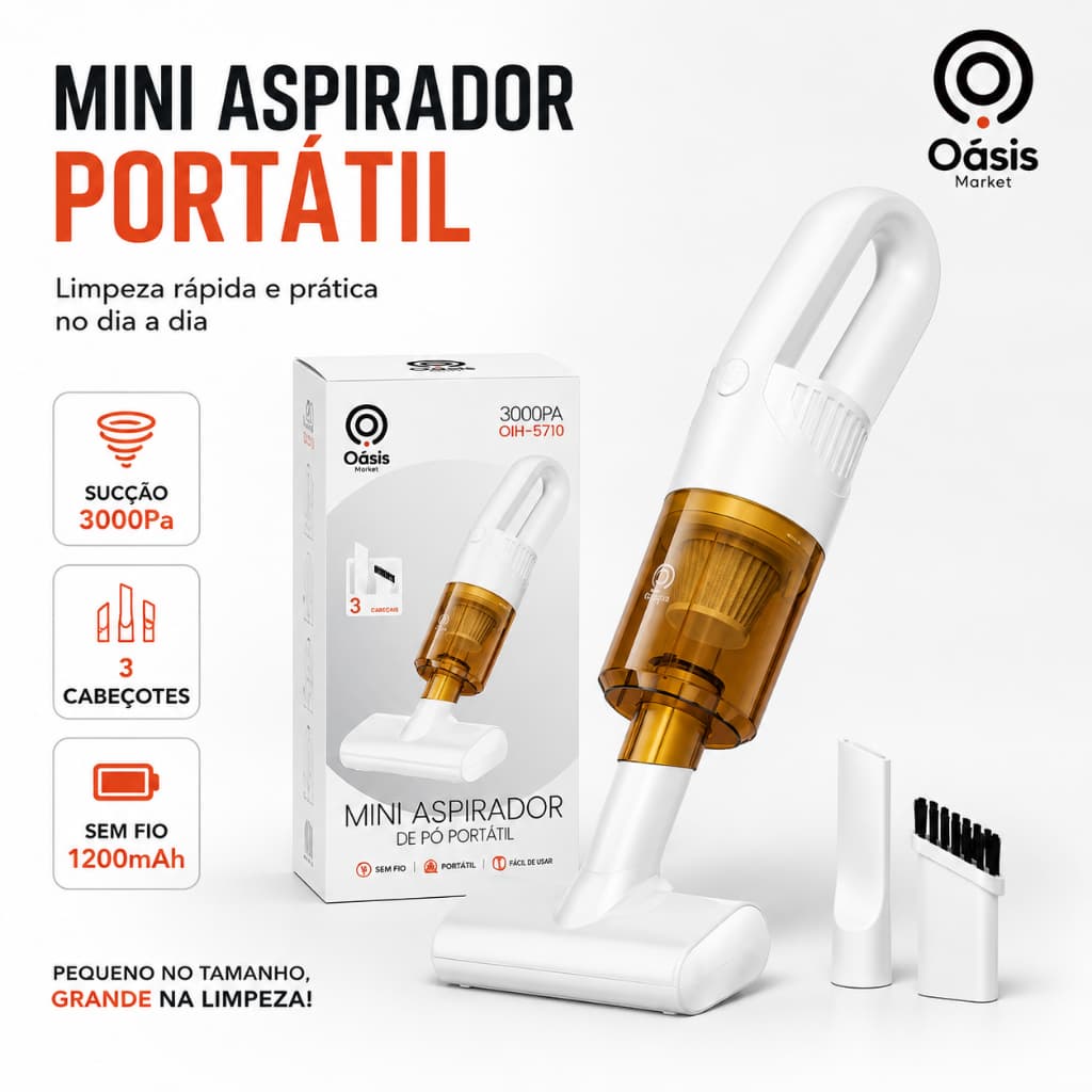 Mini Aspirador de Pó Portátil Sem Fio 3000Pa Recarregável para Sofá Carro Casa Oásis OIH-5710