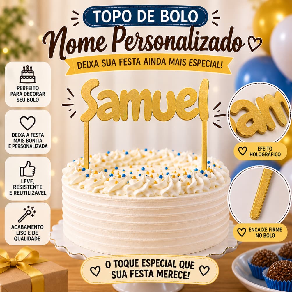 Topo de Bolo Personalizado com Nome | Decoração para Aniversário e Festas