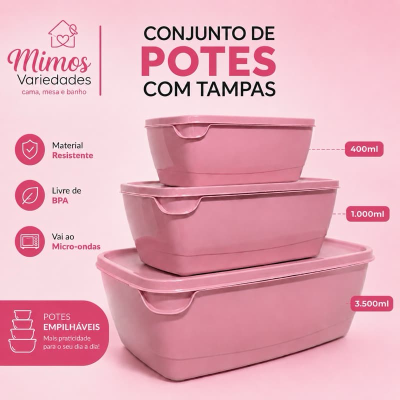 KIT COM 3 POTES RETANGULARES COM TAMPA 3500ML/1000ML E 400ML BPA FREE PLÁSTICO RESISTENTE EMPILHÁVEIS ROSA