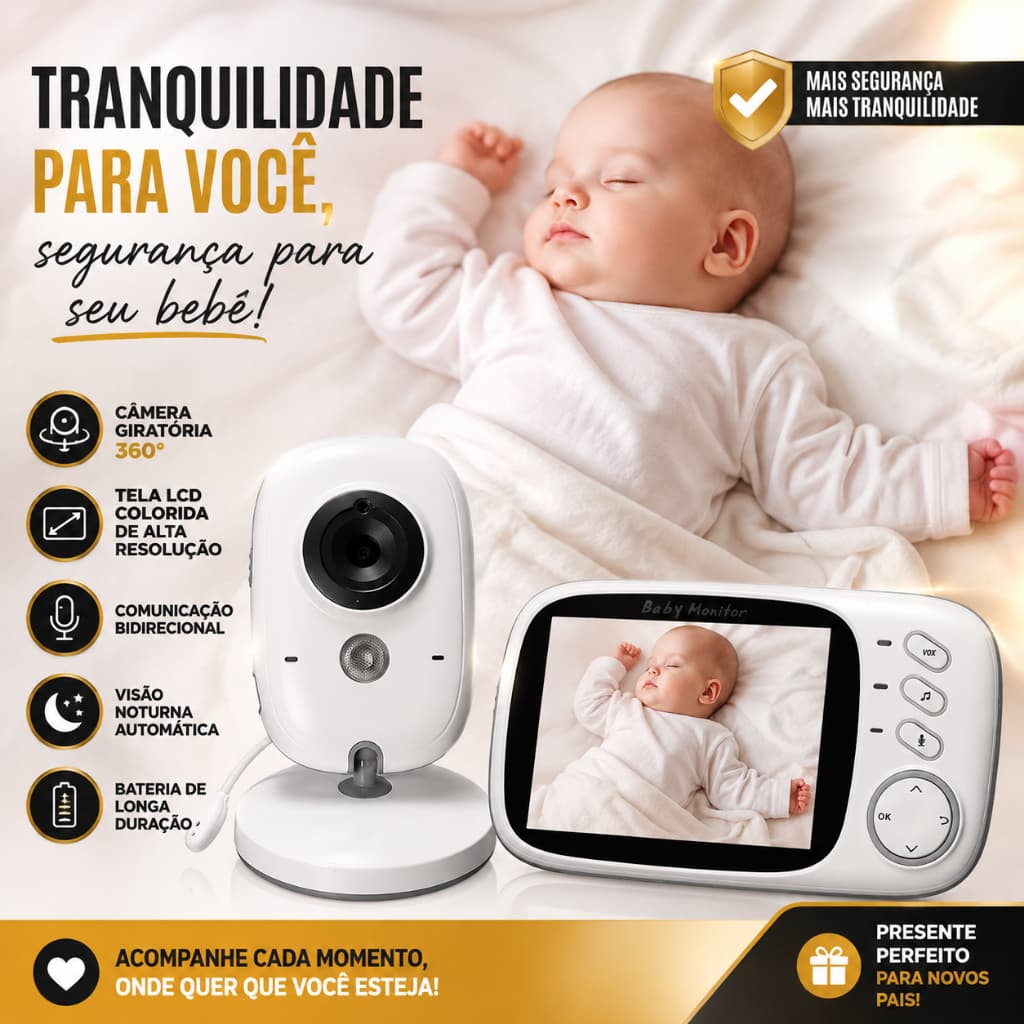 Baba Eletrônica VB603 Com Monitor Visão Noturna, Câmera c/ Audio Sensor de Temperatura