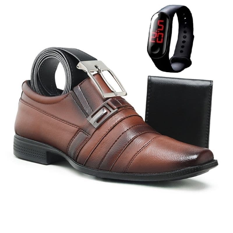 Kit Sapato Social Masculino + Cinto + Carteira + Relógio Digital – Elegante Confortável Promoção