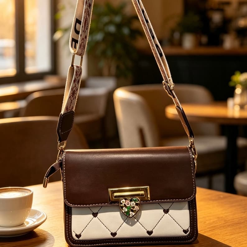 Bolsa Feminina Pequena Transversal Tiracolo Bolsa de Ombro com Alça Estampada Detalhe de Coração