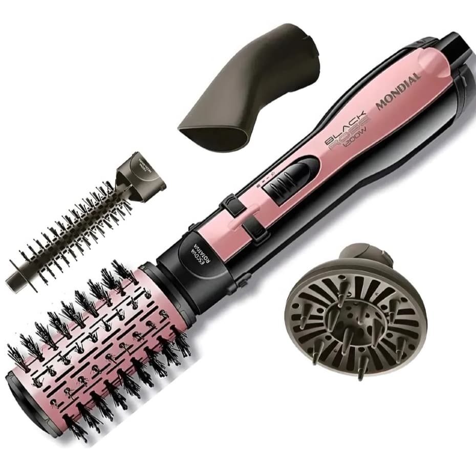 Escova Rotativa Mondial ER-10 1200W Gira Sozinha, Seca, Alisa e Modela com 4 Acessórios para Diferentes Finalizações