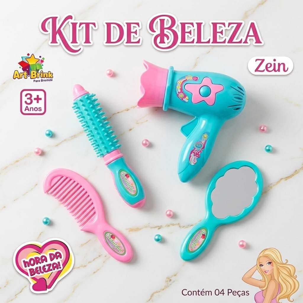 Kit Beleza Infantil Salão De Cabelo Menina 4 Peças Secador Escova Pente Espelho Brinquedo Art Brink