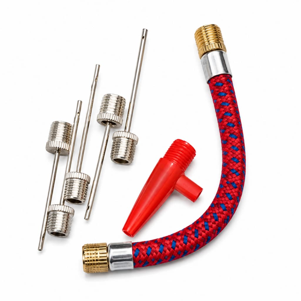 KIT DE BICOS E AGULHAS PARA BOMBA DE AR - MATERIAL DE METAL, PLÁSTICO E MANGUEIRA FLEXÍVEL - COR: VERMELHO