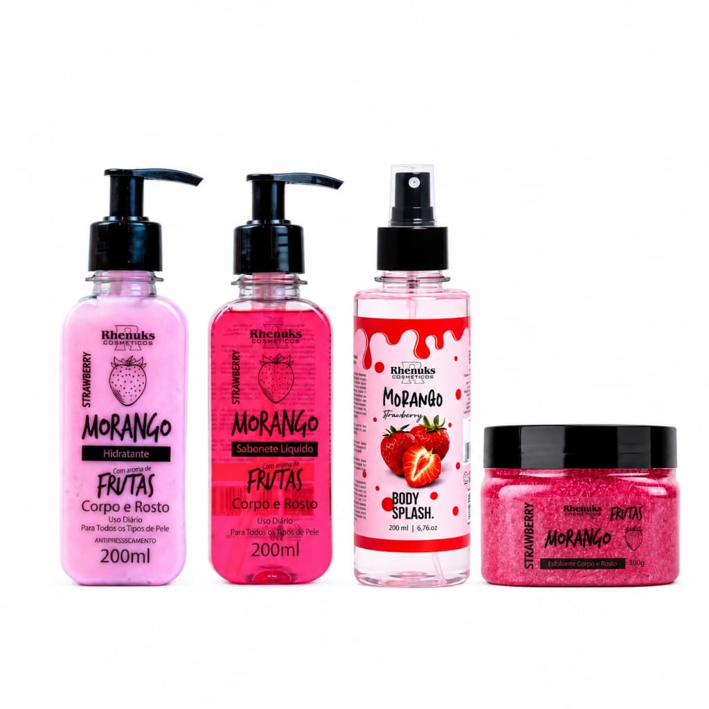 Kit Morango Rhenuks 4 Itens Hidratante, Sabonete, Body Splash e Esfoliante