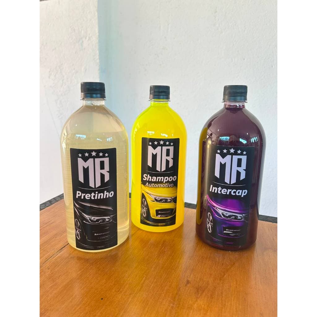KIT AUTOMOTIVO 3 PRODUTOS MR PREMIUM /shampoo C/CERA , intercap, pneu pretinho,concentrados, cada frasco contem 1litro