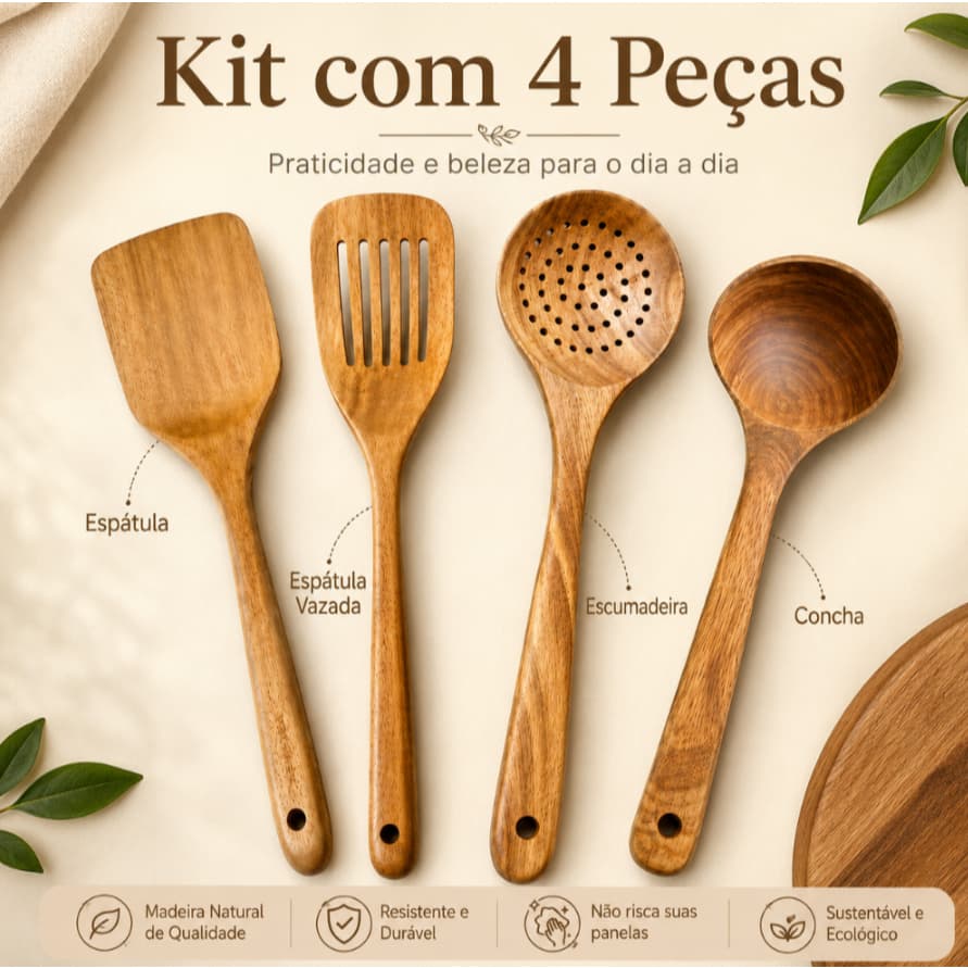 Kit 4 Utensílios de Cozinha em Madeira Espátula Vazada Escumadeira e Concha