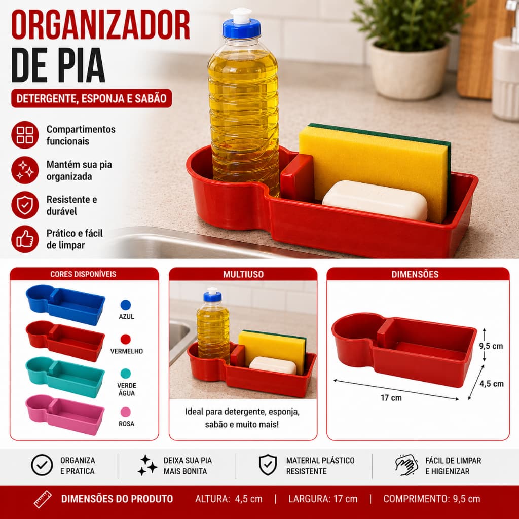 Porta Detergente, Esponja e Sabão Organizador de Pia Multiuso