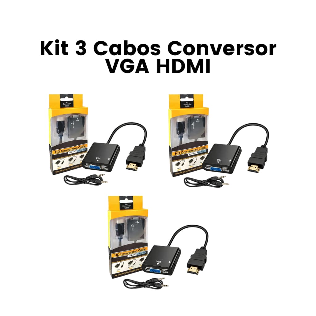 Kit 3 Cabos Adaptador Conversor HDMI para VGA - Preto, Plug & Play, Suporta 1080p Ideal Para PC Televisão Monitor
