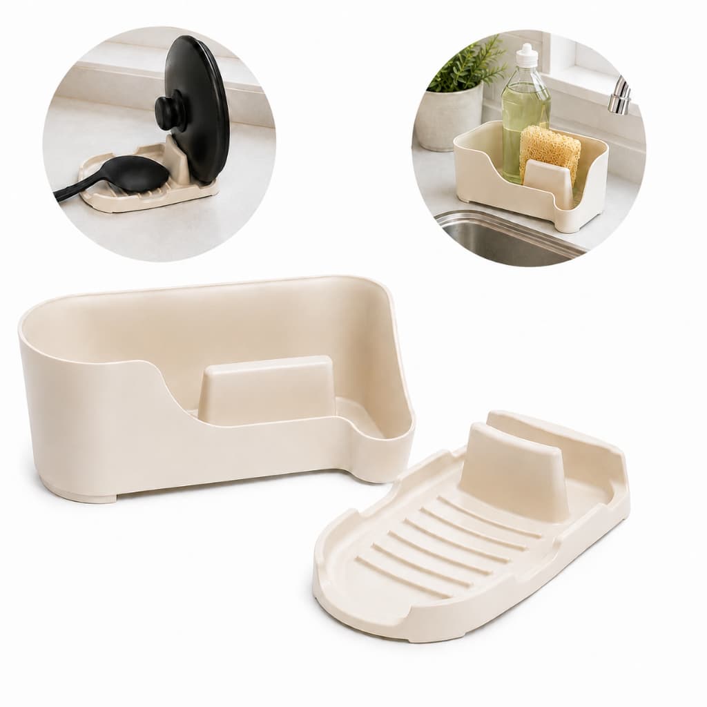 Kit Organizador de Pia Porta Detergente Esponja Sabão + Suporte Tampa Colher Escorredor Cozinha com Dreno