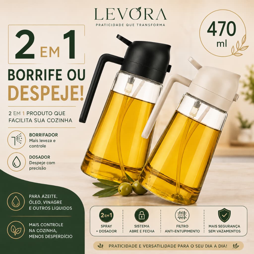 Dosador E Borrifador De Azeite 2 em 1 Frasco Spray 470ml Vidro Cozinha