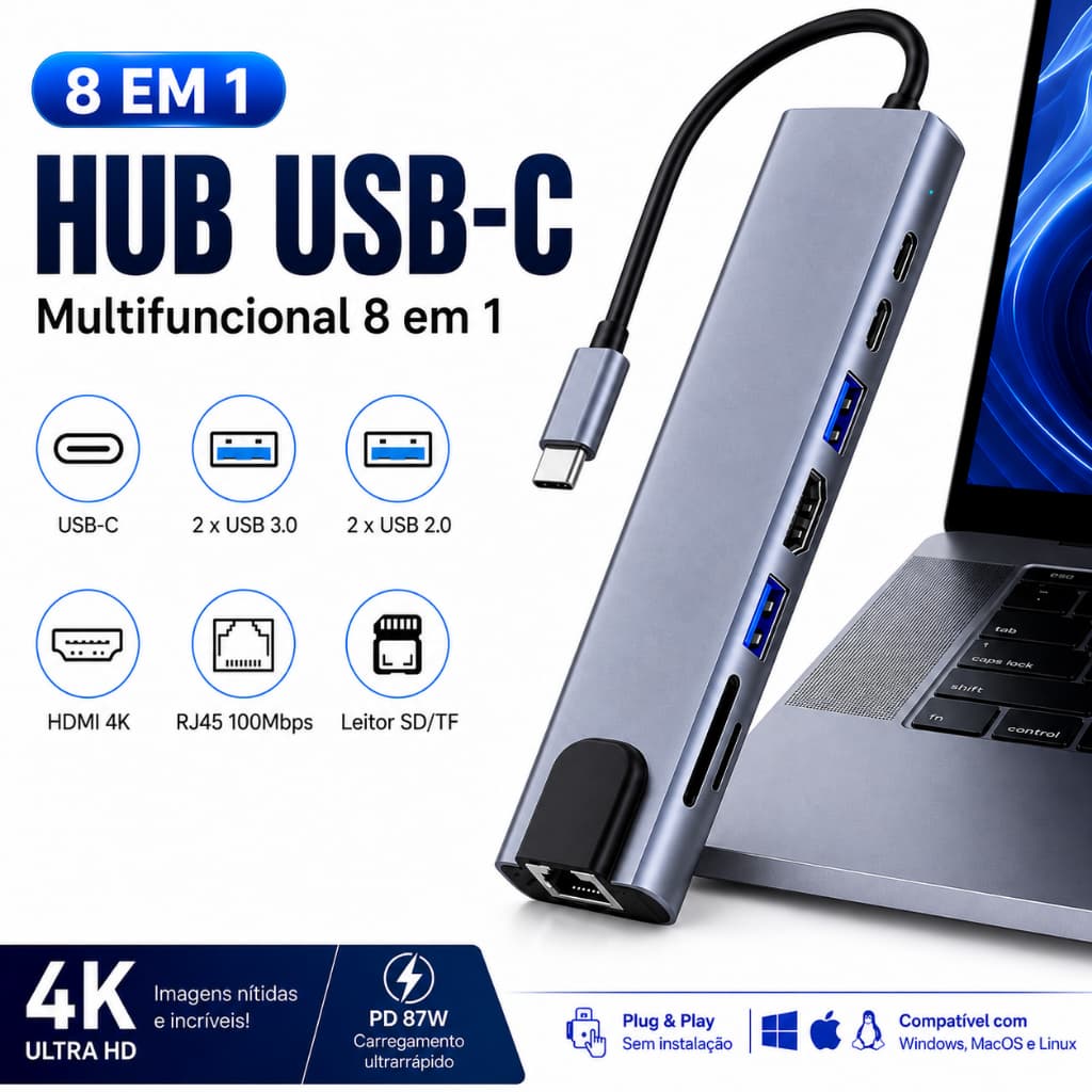 Adaptador Hub USB-C 8 em 1 B-Max HDMI 4K RJ45 FAST 2x USB 3.0 2x USB 2.0 SD PD Notebook MacBook