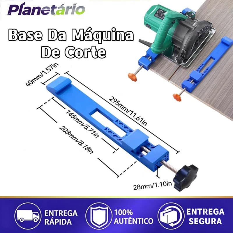 Trilho de base ajustável para serra circular com posicionamento por grampos para corte de madeira.