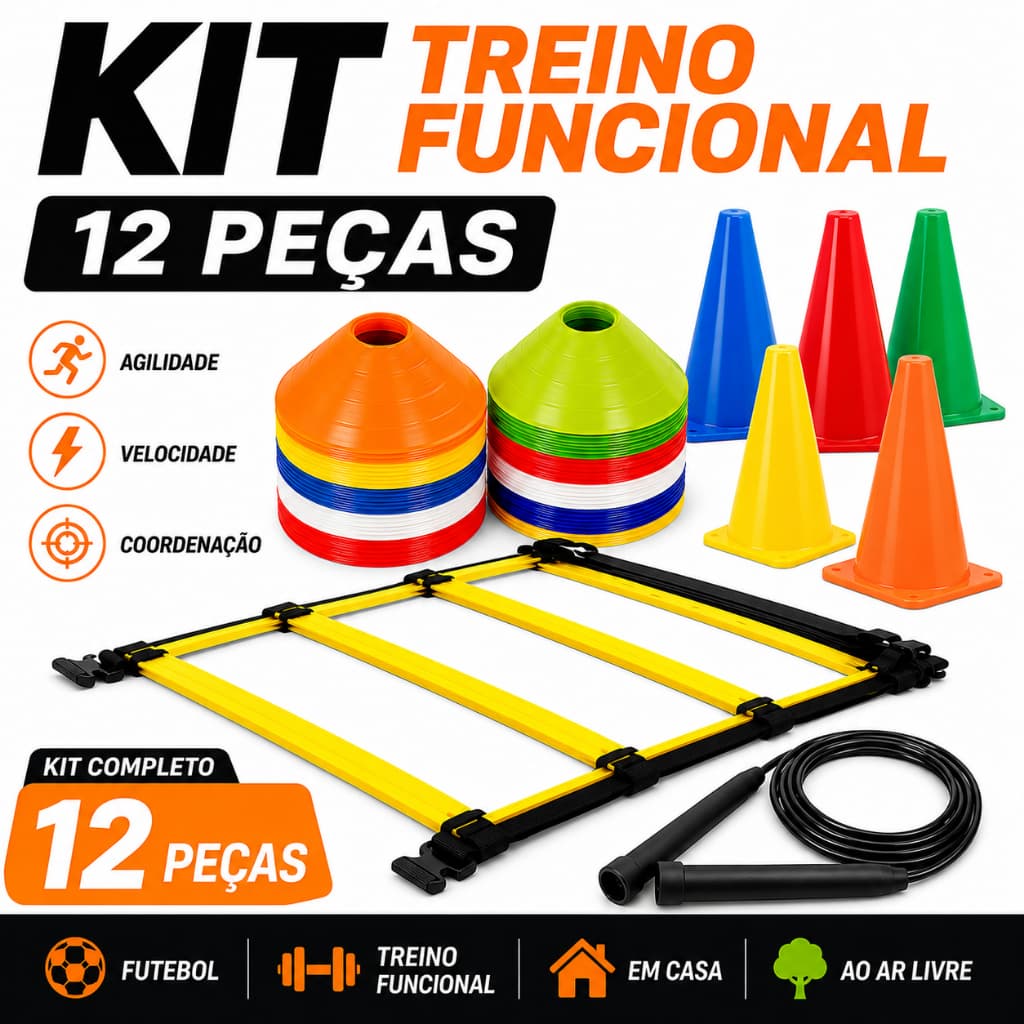 Kit Treino Funcional Agilidade 5 Cones + 5 Chapéus + Escada 7 Degraus + Corda de Pular
