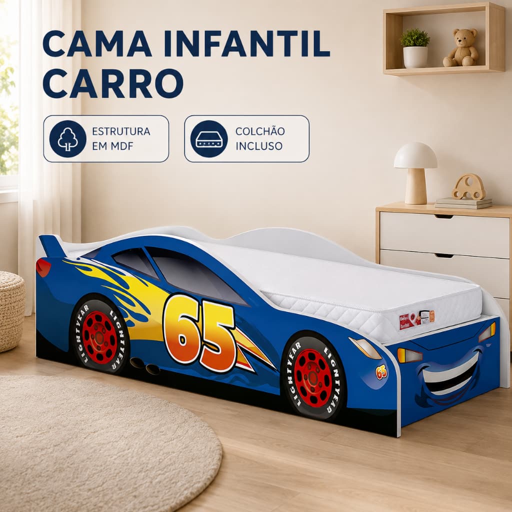Cama Carro Infantil Azul com Colchão Antiácaro e Grade Lateral em MDF