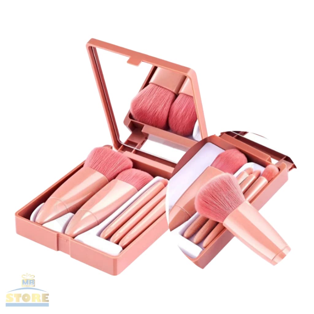 Kit de Pincéis de Maquiagem Portátil com Espelho Dobrável e Cerdas Macias - 5 Pincéis