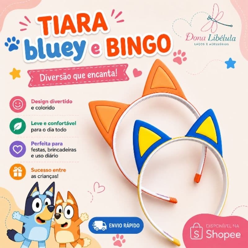 Tiara Infantil Bluey e Bingo, arco para menina, tiara infantil
