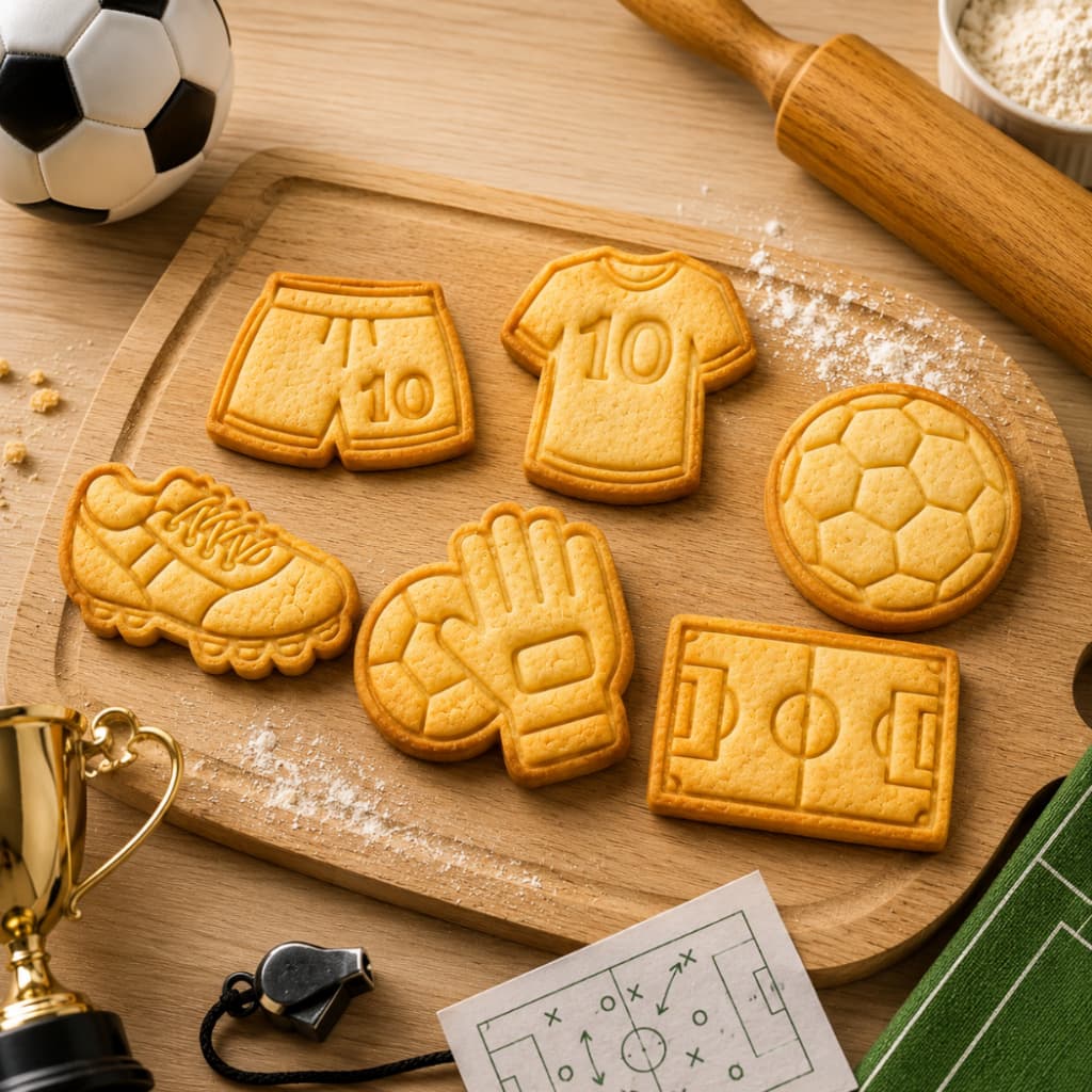 Kit 6 Cortadores de Biscoito e Marcadores Tema Futebol Camiseta Bola Chuteira Campo Luva Short