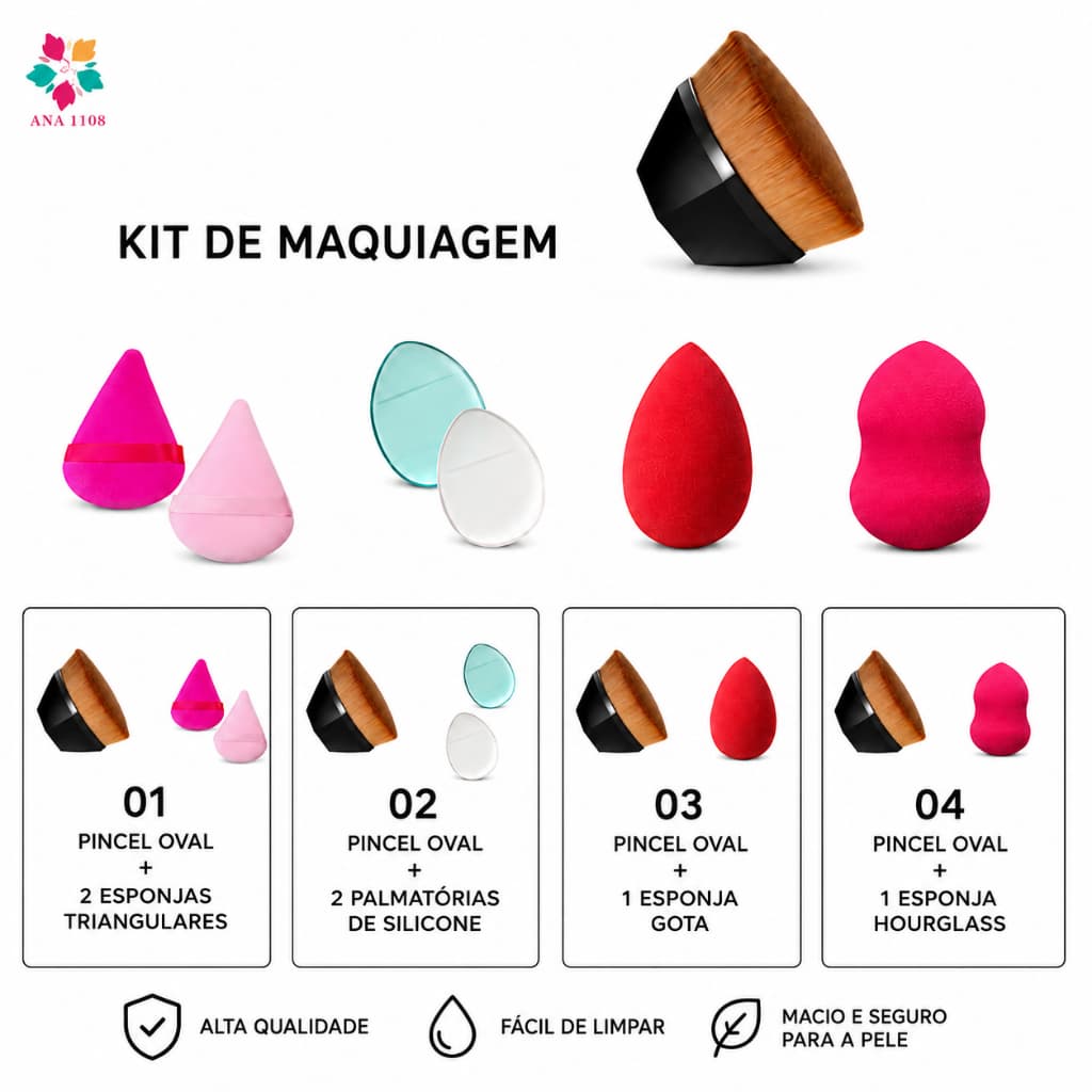 ANA1108 Kit de Maquiagem Pincel Oval com Esponja Blender ou Silicone para Base e Corretivo