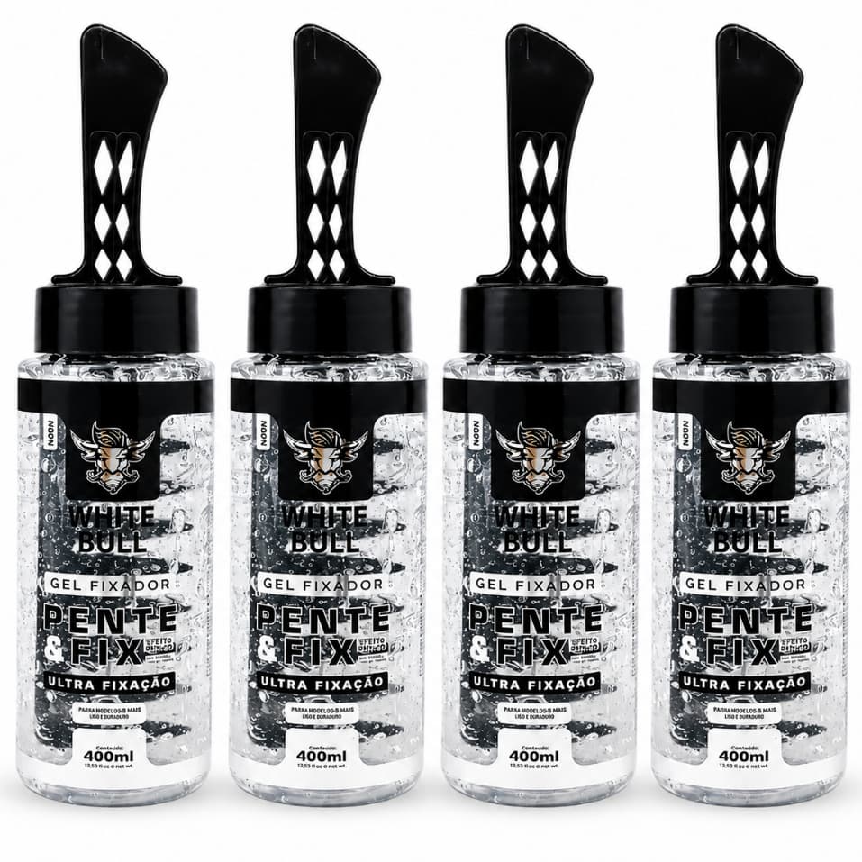 Kit c/ 4 Gel Modelador Masculino White Bull 400ml – Pente Embutido, Brilho e Fixação Forte
