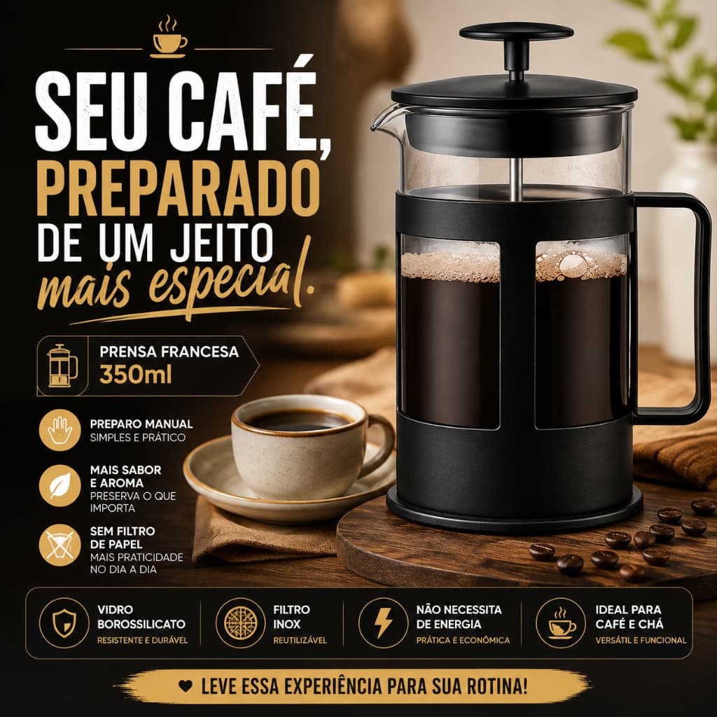 Cafeteira Prensa Francesa Cremeira 350ml de Vidro com Filtro Inox para Leite Cremoso, Capuccino Café e Chá MO-AK-55
