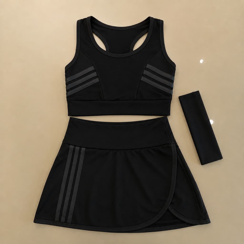 Conjunto Fitness Feminino Preto Top e Short Saia + Faixa de Cabelo Cintura Alta Academia Treino Corrida Beach Tennis